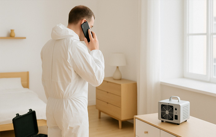 desinfection-ozone-interieur-propre-2 Technicien en combinaison effectuant une désinfection à l’ozone dans une pièce claire et vide